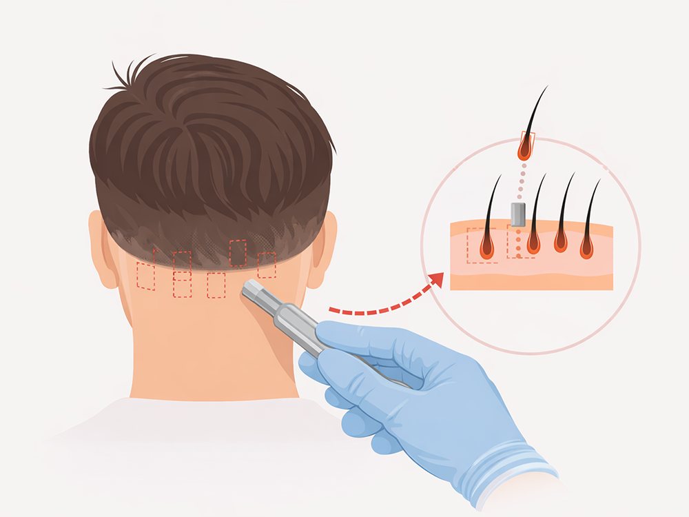 비절개 모발이식 — 뒷머리에서 펀치로 모낭을 하나씩 채취하는 그림(AI 생성 이미지)