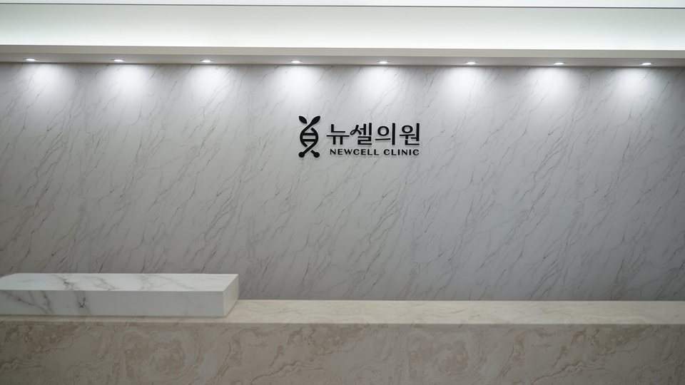 입구 — 대리석 벽의 뉴셀의원 간판과 접수대