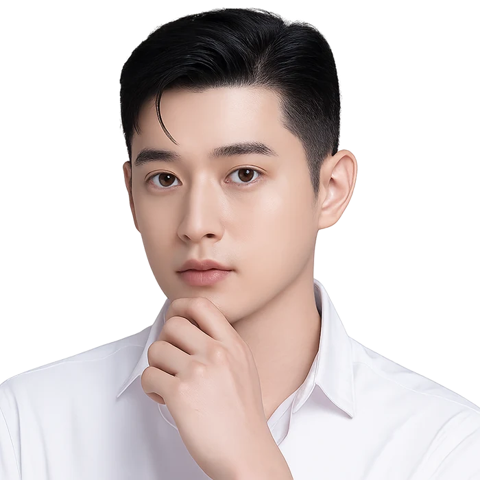 흰 셔츠를 입고 턱을 괸 남성 모델(AI 제작 이미지)